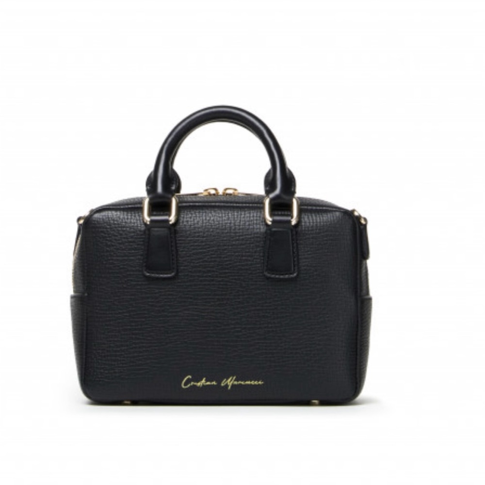 Italian soft grained calfskin black real leather bag detachable crossbody strap